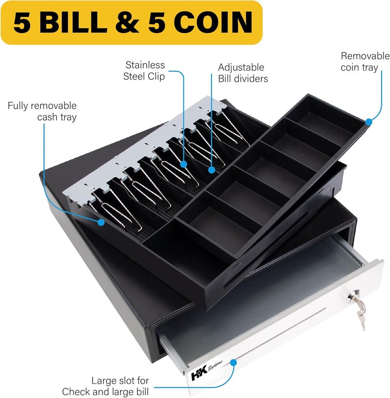 HK SYSTEMS 16inch "Stainless Steel" Front Heavy Duty Black POS Cash Drawer with 5Bill/5Coin - Image 4